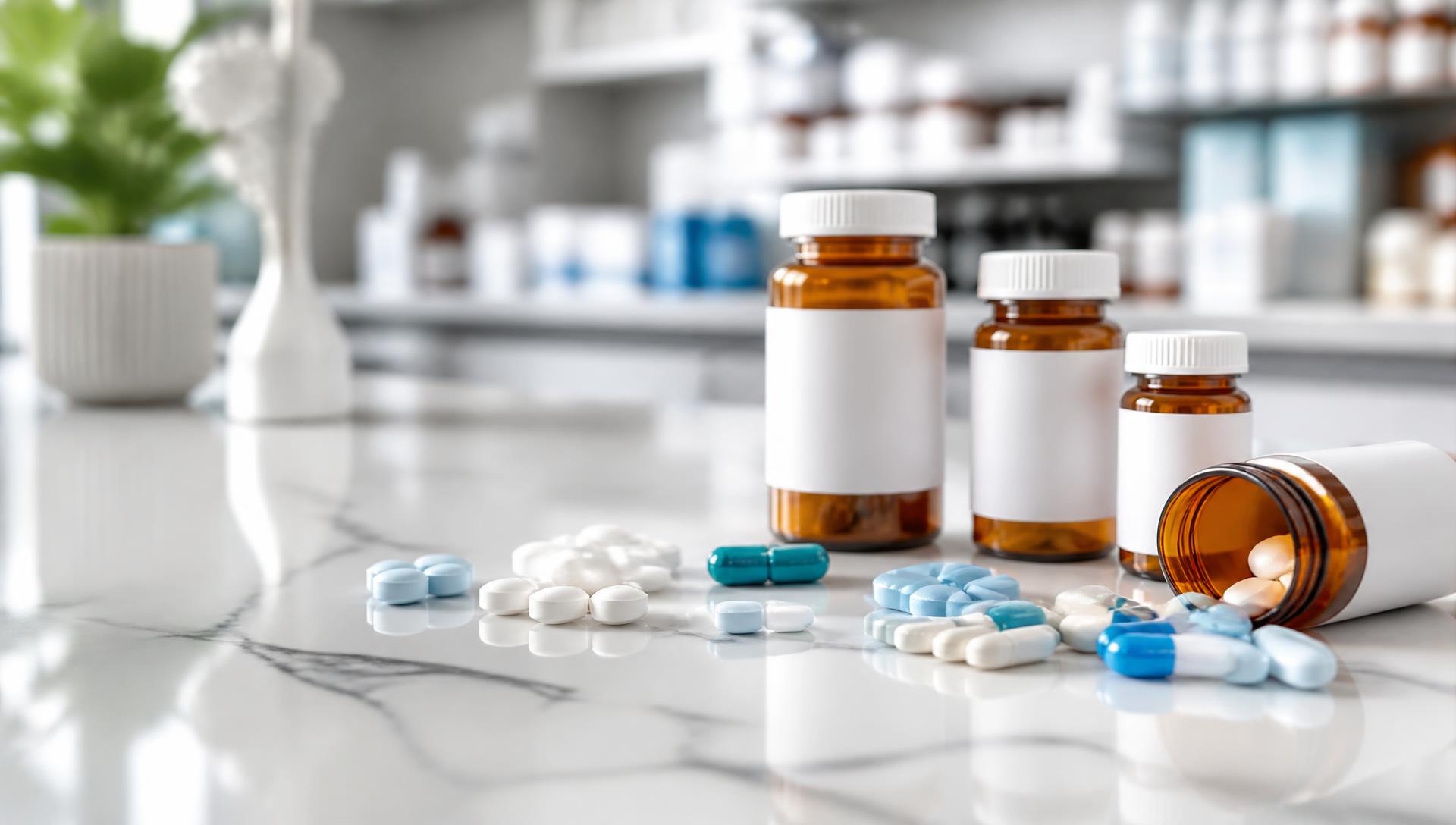 Prescription medications and pharmacy counter background
