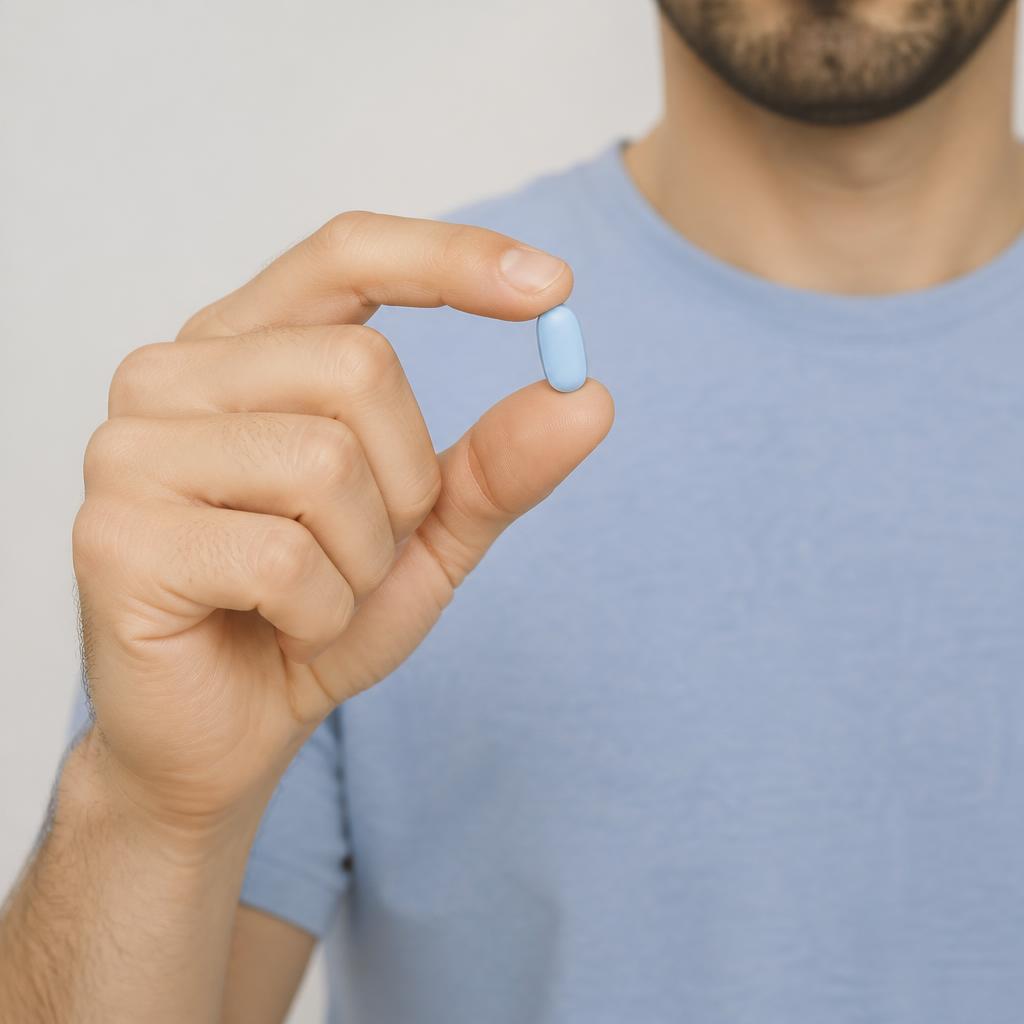 Man holding a blue pill for men's sexual health