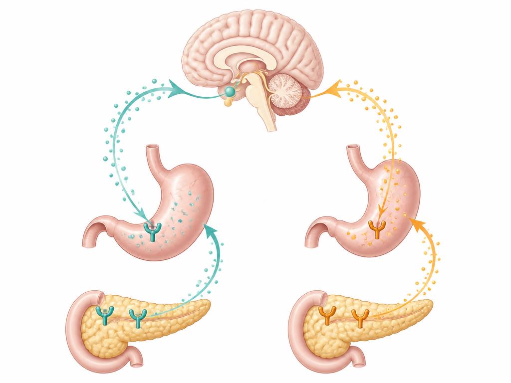 Diagram comparing GLP-1 and GIP signaling pathways in the brain, stomach, and pancreas