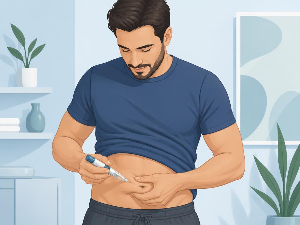 Male patient self-administering a GLP-1 peptide injection into stomach belly fat at home