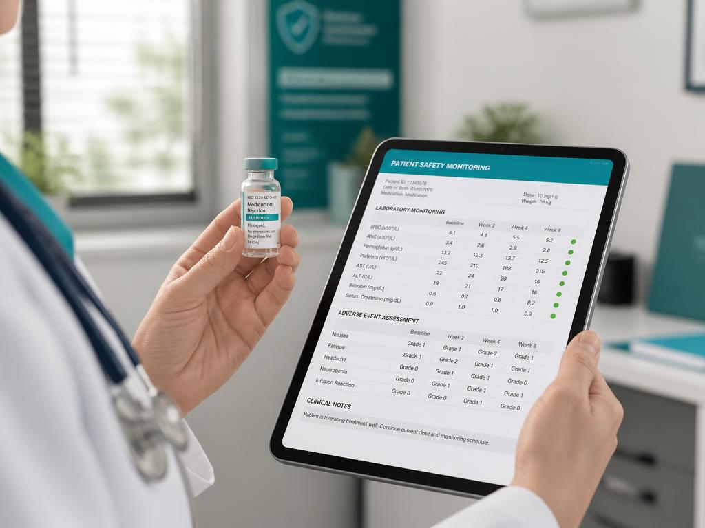 Clinician reviewing a patient safety and lab monitoring chart while holding a medication vial