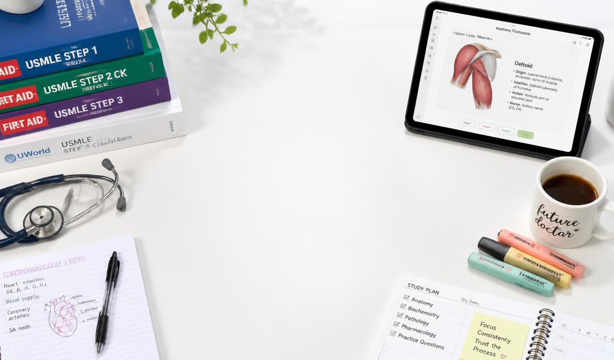 Med School Bro study resources: USMLE books, anatomy flashcards on a tablet, stethoscope and study plan